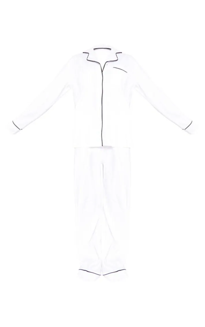 White Jersey Piping Detail Long PJ Set