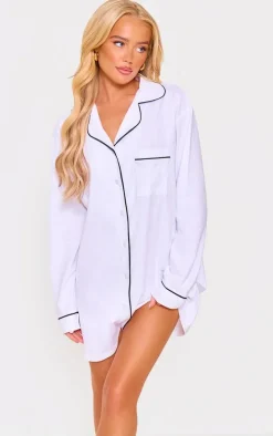 White Jersey Piping Detail Long Sleeve Nightdress