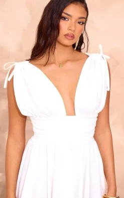 White Jersey Plunge Neck Shift Dress