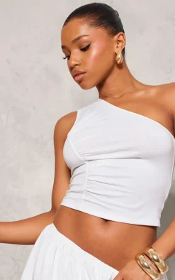 White Jersey Ruched Detail One Shoulder Top