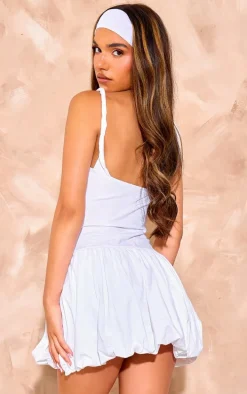 White Jersey Twist Strap Puff Ball Dress