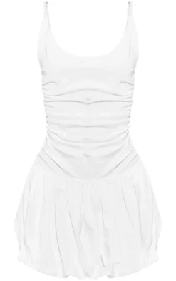 White Jersey Twist Strap Puff Ball Dress