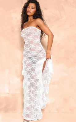 White Lace Bandeau Split Leg Frill Edge Maxi Dress
