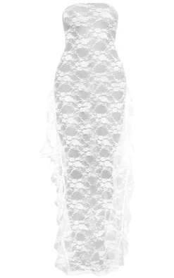 White Lace Bandeau Split Leg Frill Edge Maxi Dress