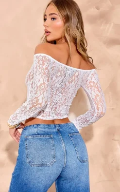 White Lace Bardot Bow Front Tie Top