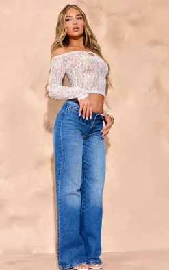 White Lace Bardot Bow Front Tie Top