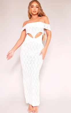 White Lace Bardot Cut Out Maxi Dress