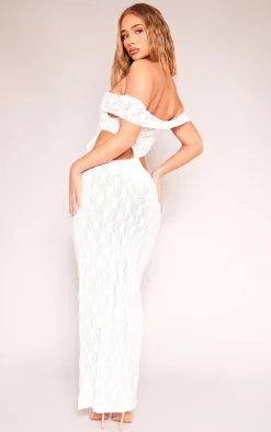 White Lace Bardot Cut Out Maxi Dress