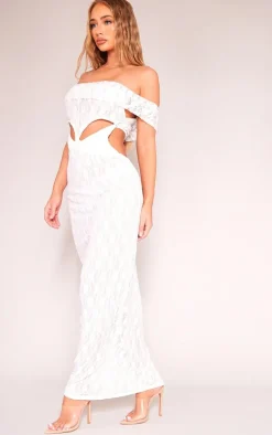 White Lace Bardot Cut Out Maxi Dress