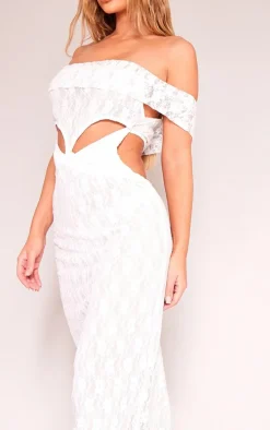 White Lace Bardot Cut Out Maxi Dress