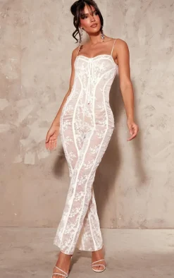 White Lace Binding Detail Strappy Sheer Jumpsuit