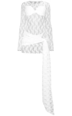 White Lace Boat Neck Long Sleeve Wrap Bodycon Dress