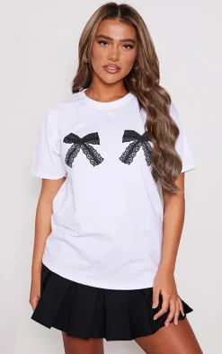 White Lace Bow Print T Shirt