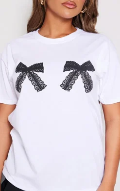 White Lace Bow Print T Shirt