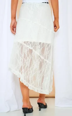 White Lace Contrast Waist Asymmetric Hem Midi Skirt