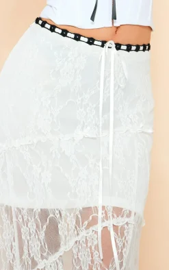 White Lace Contrast Waist Asymmetric Hem Midi Skirt