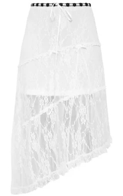 White Lace Contrast Waist Asymmetric Hem Midi Skirt