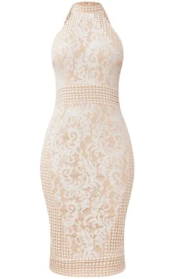 White Lace Crochet High Neck Midi Dress