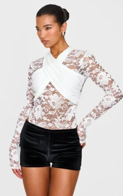 White Lace Cross Front Bodysuit