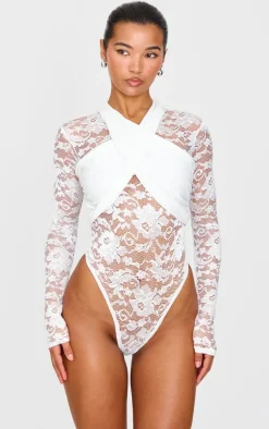 White Lace Cross Front Bodysuit