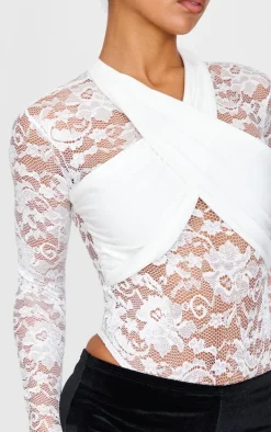 White Lace Cross Front Bodysuit