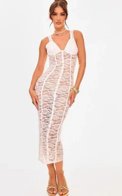 White Lace Cup Detail Midi Dress