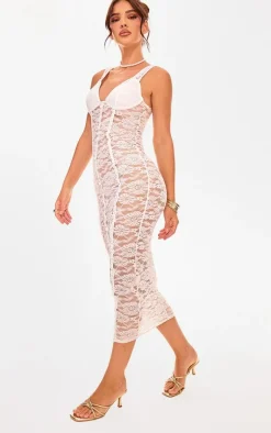 White Lace Cup Detail Midi Dress