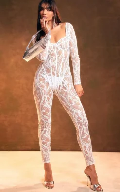 White Lace Diamante Underwired Long Sleeve Jumpsuit