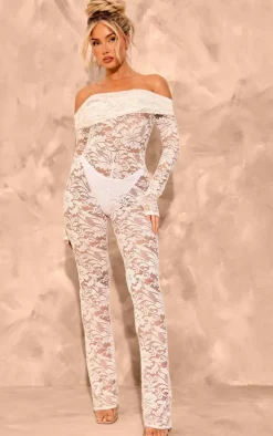 White Lace Foldover Bardot Long Sleeve Jumpsuit