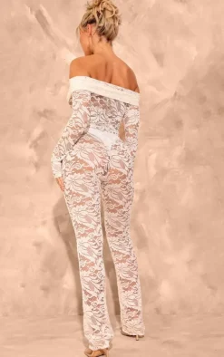 White Lace Foldover Bardot Long Sleeve Jumpsuit
