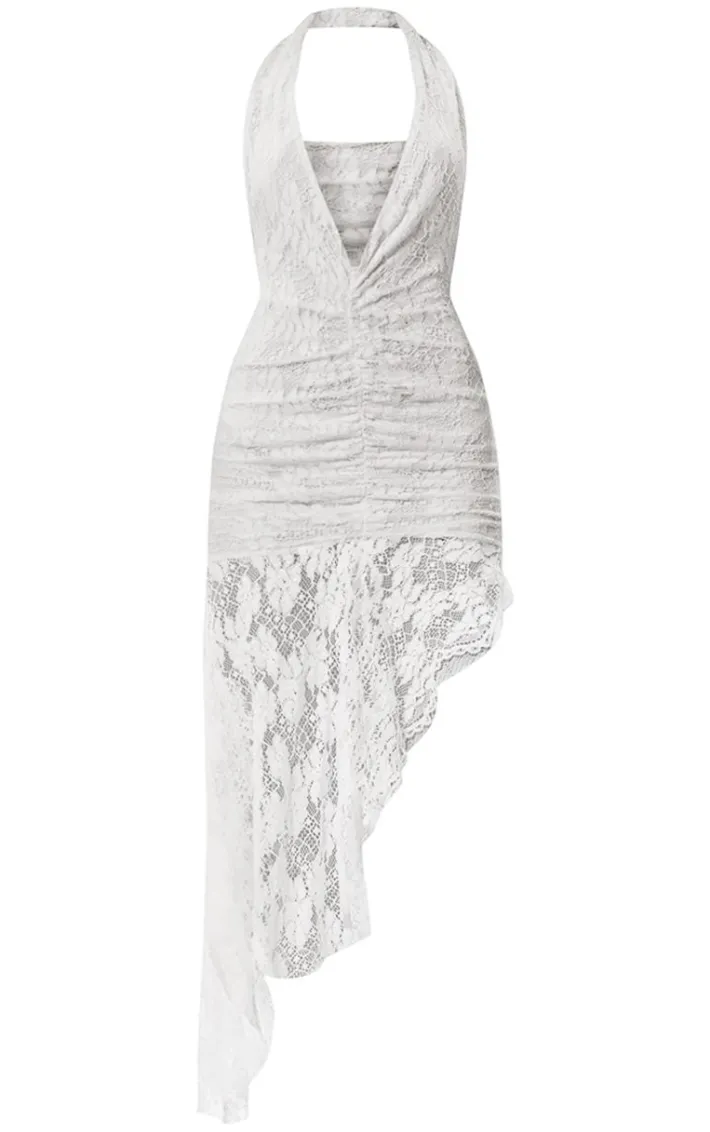 White Lace Plunge Neck Ruched Asymmetric Hem Midi Dress