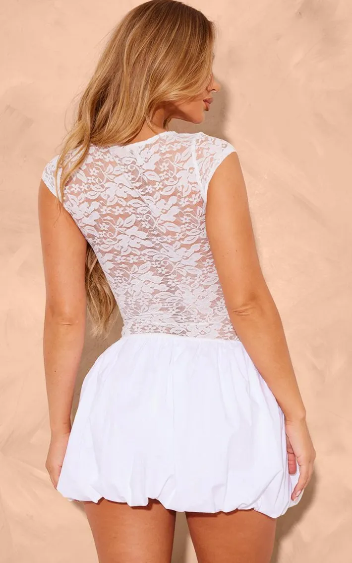 White Lace Puffball Mini Dress