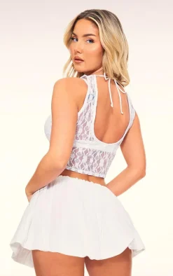 White Lace Scoop Tie Back Crop Top
