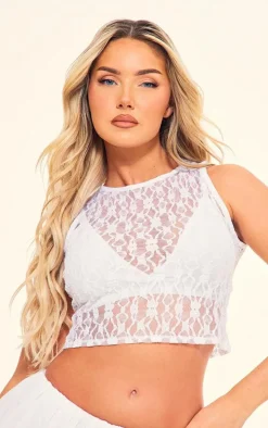 White Lace Scoop Tie Back Crop Top