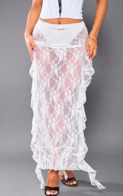 White Lace Side Split Ruffle Detail Maxi Skirt