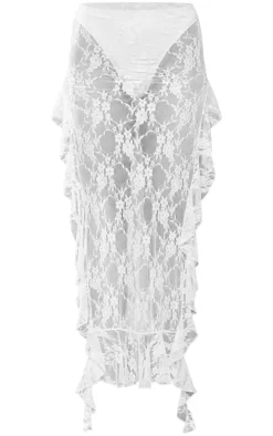 White Lace Side Split Ruffle Detail Maxi Skirt