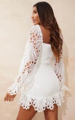 White Lace Sleeve Shirred Bodycon Dress