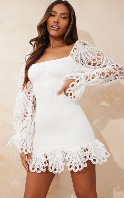 White Lace Sleeve Shirred Bodycon Dress
