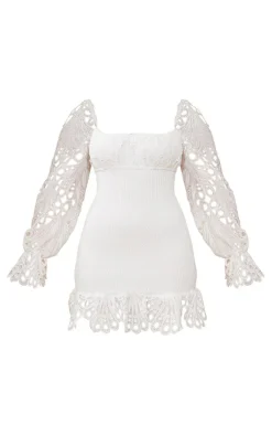 White Lace Sleeve Shirred Bodycon Dress