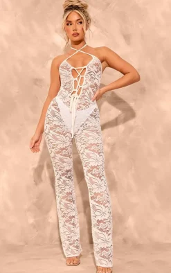 White Lace Strappy Lace Up Jumpsuit