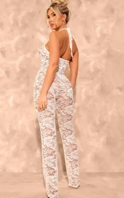 White Lace Strappy Lace Up Jumpsuit