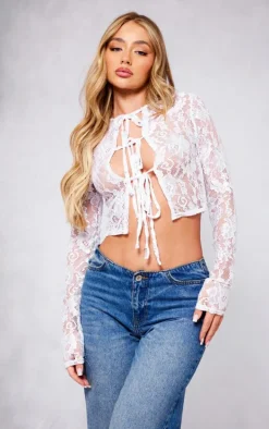 White Lace Tie Front Long Sleeve Top