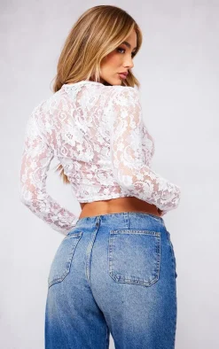 White Lace Tie Front Long Sleeve Top