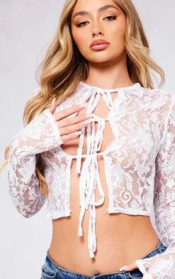 White Lace Tie Front Long Sleeve Top