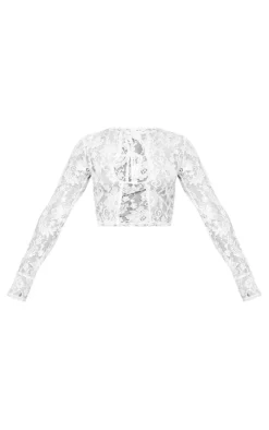 White Lace Tie Front Long Sleeve Top