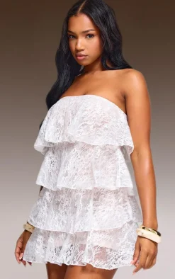 White Lace Tiered Ruffle Bandeau Bodycon Dress