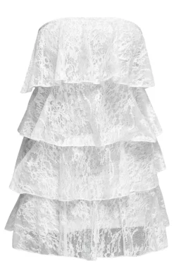 White Lace Tiered Ruffle Bandeau Bodycon Dress