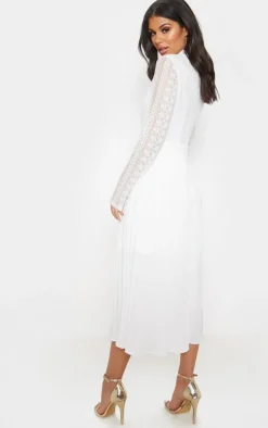 White Lace Top Pleated Midi Dress