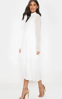 White Lace Top Pleated Midi Dress