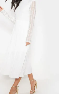 White Lace Top Pleated Midi Dress